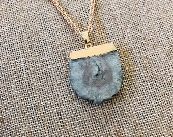 Gray Geode Slice Necklace - Natural  Stone Jewelry Agate Slice Boho Jewelry Gold