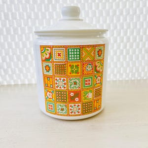 Large Vintage Milk Glass Canister/Cookie Jar Bright Orange Yellow Patterns