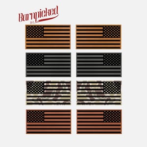 May include: A collection of American flag designs in various colors and patterns. The flags include brown, gray, camouflage, and copper variations. The text "Barnpicked art" is in the upper left corner.