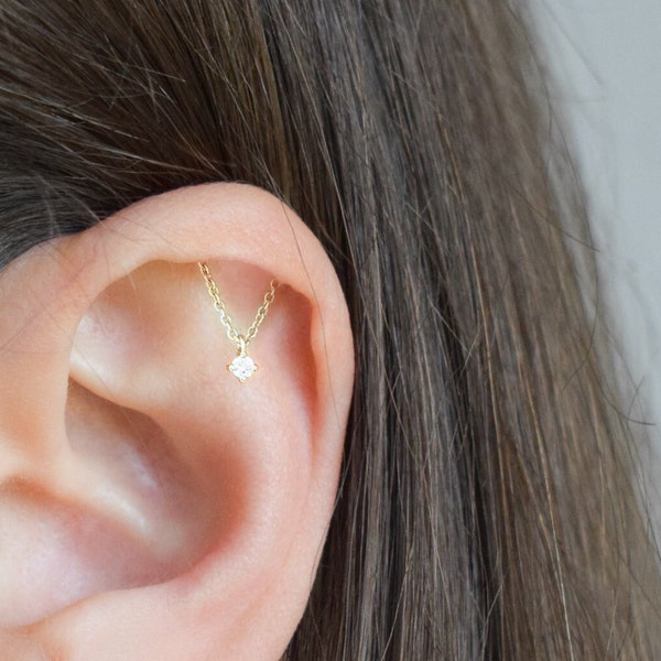 Muttertag – Vertikaler Helix-Ohrring, verstecktes Piercing, 16 g Kette, Zinken-CZ-Diamant, Knorpel in Gold oder Silber, Labret-Schraube, Ohrstecker mit flacher Rückseite