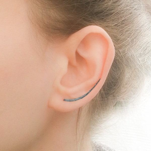 Ear Climber, Silver earrings, Ear Crawler, Thin Hammered Bar Earring, Ear Cuff, oxidized black silver earrings, oxidized jewelry