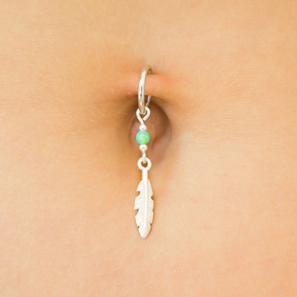 Mother Day - Fake Belly Button Ring Silver Feather with Opal - Clip On Navel Piercing - Boho Belly Ring Fake Hoop Dangle