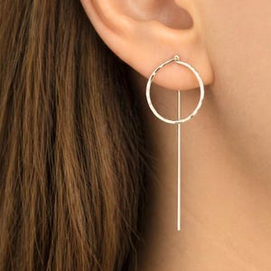 Circle Threader Earrings, Long Dangle Ear Jacket, Dainty Everyday Gold or Silver