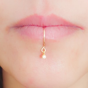 Faux Lip Ring, Fake Lip Ring, No Piercing Lip Cuff, Diamond Lip Ring, Dangle CZ Diamond Lip Ring, Gold Lip Ring, Clip On Lip Ring