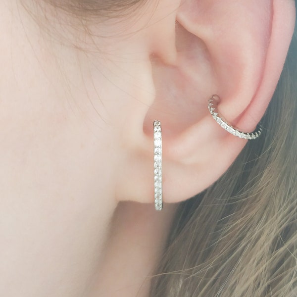 Mother Day - Cuff Stud Earring CZ Sterling Silver - Lobe Cuff Earring - CZ Ear Lobe Cuff Earrings