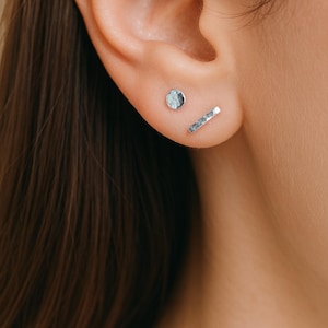 Może przedstawiać: Zbliżenie ucha z dwoma srebrnymi kolczykami. Jeden to mały, okrągły wkręt, a drugi to krótki, liniowy pręt o teksturowanej powierzchni. Kolczyki są osadzone na tle skóry i włosów osoby.