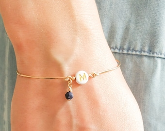 Mother Day - Personalized Birthstone and Initial Bracelet - Thin Gold Bangle Custom Bracelet - Gemstone Bracelet