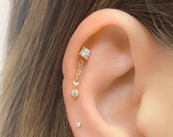 Mother Day - Dangle Cartilage Earrings Stud 18G Ball Back Diamond Helix Piercing in Gold Filled or Sterling Silver