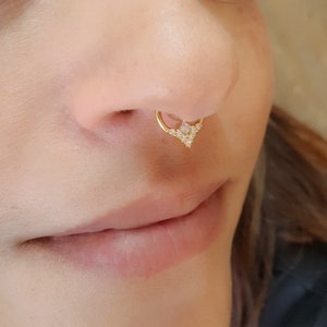 Diamond CZ Septum Ring-Cubic Zirconia 16g Nose Ring-Sparkle Nose Hoop Chevron-Dainty Daith Ring-Nose Septum Hoop Clicker-Triangle Septum