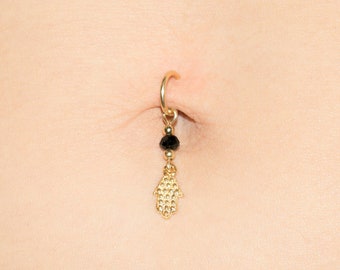 Mother Day - Fake Belly Ring Gold Black, Fake Belly Piercing Gold , Fake Belly Ring Dangle, Hamsa Belly Ring