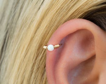 Mother Day - Helix Earring Hoop Opal - White Opal Helix - Helix Ring Gold - Wrapped Helix Hoop with Opal - Helix Ring - Cartilage Hoop