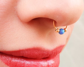 Blue Opal Septum Ring Gold - Septum - Septum Ring - Gold Septum-Blue Opal Piercing-Blue Opal Hoop-Blue Opal Septum-Tiny Opal Septum