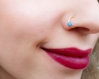 Mother Day - Gold Nose Ring, Silver Nose Ring, Hoop Nose Ring, Opal Nose Ring, Helix Hoop, Cartilage Earring, Nose Ring, Opal Bead Nose Ring
