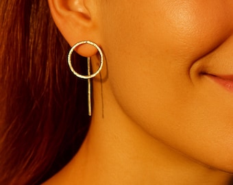 Circle Threader Earrings, Long Dangle Earrings,circle ear jacket, Dainty Everyday Earring, Silver Threader Earrings