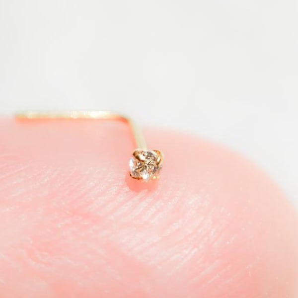 Mother Day - Tiny Diamond Nose Stud - Teeny Tiny Gold Diamond Nose Stud - L Shape Nose Stud 22g