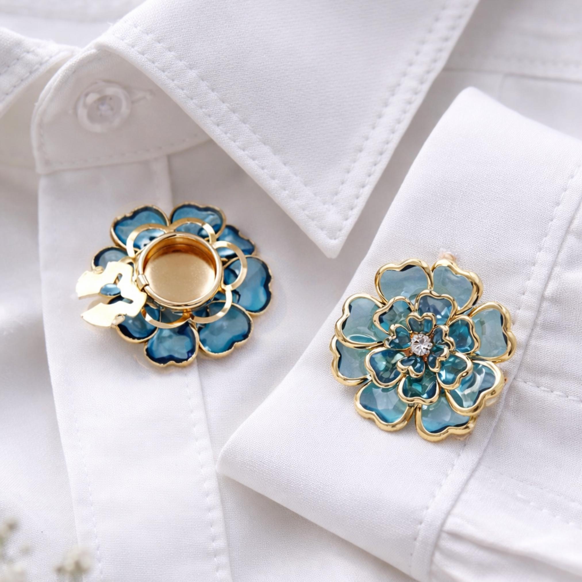 Blue Flower Button Covers — Pair, Gold Edged, Clip-on Button Cover