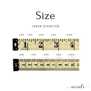 Size chart titled Inner Diameter, showing gold hoops from 6 mm to 10 mm laid on inch and centimeter tape measures.