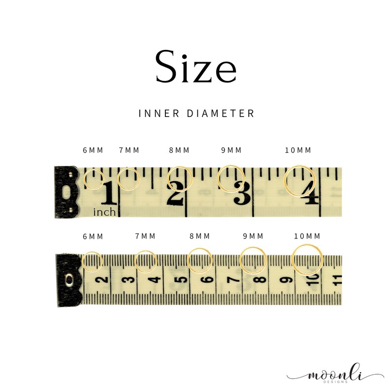 Size chart titled Inner Diameter, showing gold hoops from 6 mm to 10 mm laid on inch and centimeter tape measures.