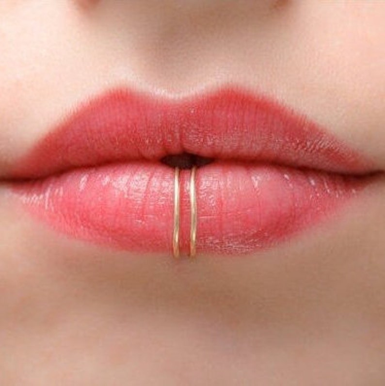 Mother Day Fake Lip Ring Faux lip ring Double Lip Ring Clip On Fake Lip Cuff Fake Lip Piercing Delicate Gold Lip Jewelry image 1