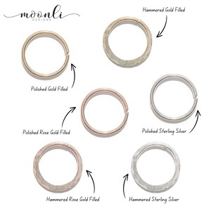 Chart of six hoops labeled by finish: polished and hammered gold filled, rose gold filled and sterling silver, with the moonli logo.