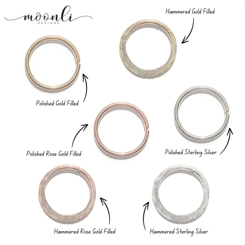 Chart of six hoops labeled by finish: polished and hammered gold filled, rose gold filled and sterling silver, with the moonli logo.
