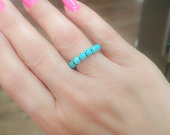 Mother Day - Turquoise Beaded Ring Thin Stacking Rings Natural Genuine 4mm Turquoise December Birthstone in Gold Silver Rose