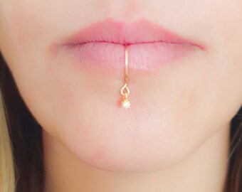 Faux Lip Ring, Fake Lip Ring, No Piercing Lip Cuff, Diamond Lip Ring, Dangle CZ Diamond Lip Ring, Gold Lip Ring, Clip On Lip Ring