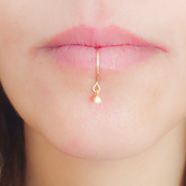 Faux Lip Ring, Fake Lip Ring, No Piercing Lip Cuff, Diamond Lip Ring, Dangle CZ Diamond Lip Ring, Gold Lip Ring, Clip On Lip Ring