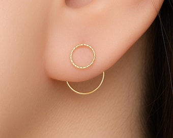Kolczyki z zapięciem na kolczyki w kształcie koła, złote kolczyki z zapięciem na kolczyki, podwójne kolczyki, kolczyki z zapięciem na kolczyki, geometryczne kolczyki w kształcie koła, nowoczesna biżuteria, kolczyki z przodu i z tyłu