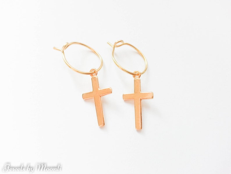 Mother Day Cross Hoop Earrings Gold Cross Hoop Earrings Simple Hoop Earrings Cross jewelry image 4