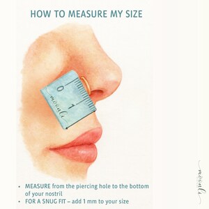 Watercolor illustration of a nose with a hoop and a small ruler, showing how to measure from the piercing hole to the bottom of the nostril, adding 1 mm for a snug fit.