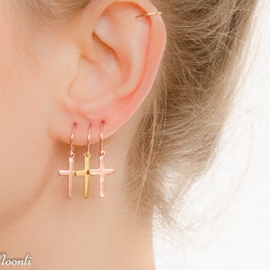 Mother Day Cross Hoop Earrings Gold Cross Hoop Earrings Simple Hoop Earrings Cross jewelry image 1