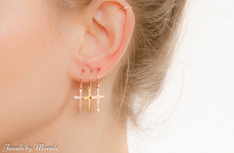 Mother Day Cross Hoop Earrings Gold Cross Hoop Earrings Simple Hoop Earrings Cross jewelry image 1