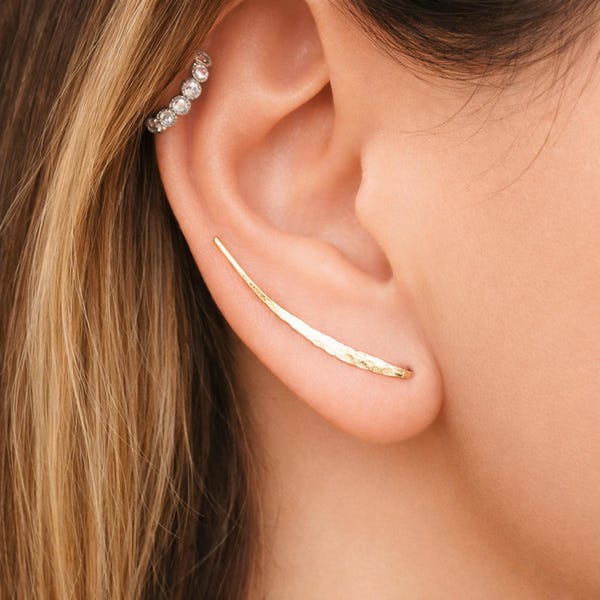 Gold Earrings- Ear Climber Earrings- Gold Ear Climber- Ear Crawler- Bar Earrings- Gold Bar Earrings- Earclimber- Climbing Earrings