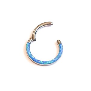 May include: A silver hoop earring with a blue opal inlay. The hoop is seamless and has a hinged closure.