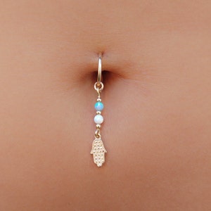 Gold Belly Ring - Belly Hoop - Belly Piercing - Belly Jewelry - Gold Navel Ring- Navel Hoop- Navel Piercing Opal- Navel Jewelry Hamsa