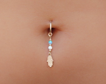 Gold Belly Ring - Belly Hoop - Belly Piercing - Belly Jewelry - Gold Navel Ring- Navel Hoop- Navel Piercing Opal- Navel Jewelry Hamsa