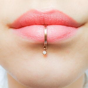 Lip Cuff No Piercing, Diamond Lip Ring Jewelry , Faux Fake Lip Ring, Dangle CZ Diamond Lip Ring, Gold Lip Ring, Clip On Lip Ring