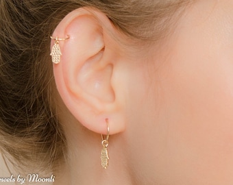 Mother Day - Helix Earring - Cartilage hoop earring - Tiny hamsa gold hoop - Gold Helix Earring - Helix piercing