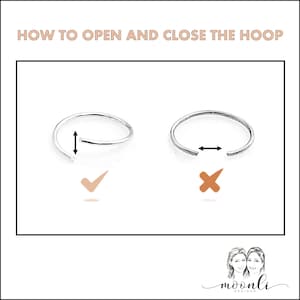 Op de afbeelding: Diagram dat laat zien hoe je een oorbel met een hoepel opent en sluit. De juiste manier om de hoepel te openen is door de uiteinden voorzichtig naar elkaar toe te drukken. De verkeerde manier is om de uiteinden uit elkaar te trekken. De afbeelding bevat een vinkje en een kruis om de juiste en verkeerde manier om de hoepel te openen aan te geven.