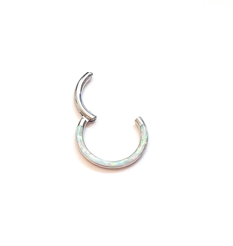 May include: A silver and white opal septum ring. The ring is made of surgical steel and has a white opal inlay.