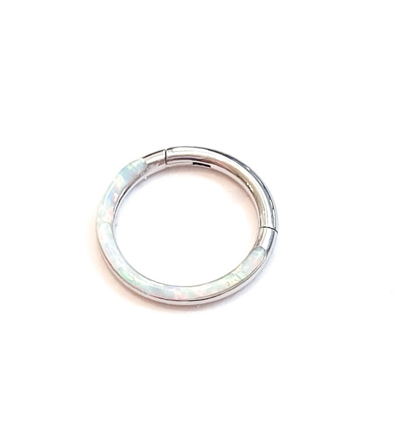 May include: A silver hoop earring with a white opal inlay.