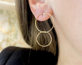 Stud Hoop Earrings, Gold Double Hoop Earrings, Circle Earrings, Hoop earrings, Simple Hoop Earrings, Two Circles Double Stud Hoop Earrings
