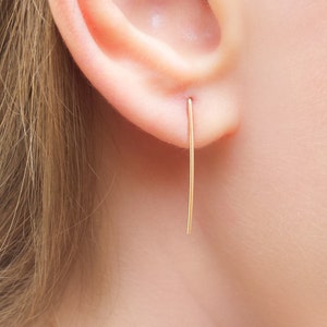 May include: A pair of gold-toned earrings with a long, thin, straight design. The earrings are shown in a close-up view of a person's ear.