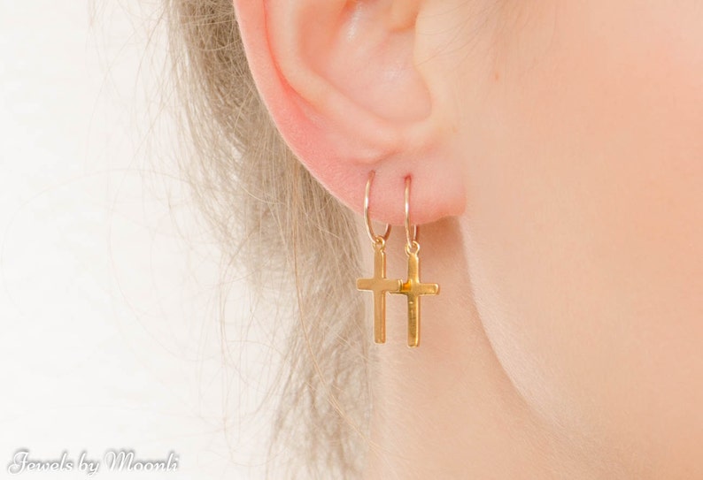 Mother Day Cross Hoop Earrings Gold Cross Hoop Earrings Simple Hoop Earrings Cross jewelry image 3