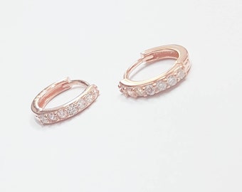 Mother Day - CZ Huggie Rose Gold Hoop Earrings, Micro Pave Huggie Hoops, Small CZ Hoops Gold, Rose Gold Earrings