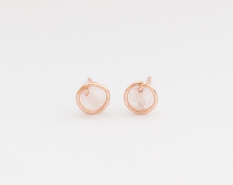 Mother Day - Rose Gold Earrings  - Rose Quartz Earrings - Rose Quartz Jewelry - Small Round Rose Quartz Earrings - Gold Stud Earrings