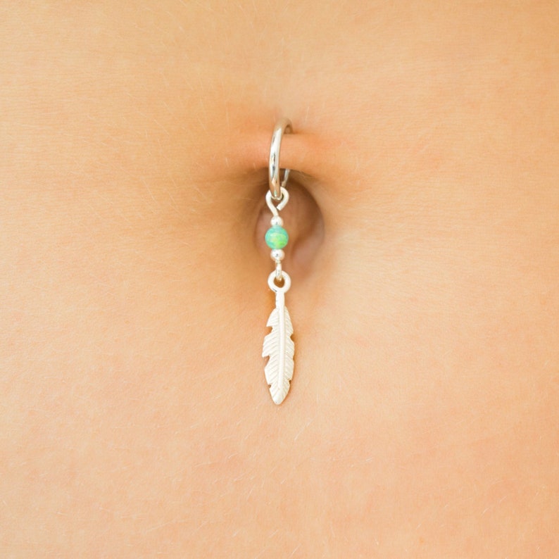 Fake Belly Button Ring Silver Feather with Opal - Clip On Navel Piercing - Boho Belly Ring Fake Hoop Dangle 