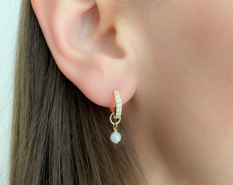 Mother Day - CZ Earring with a dangle pearl , Thin Diamond Hoop Pearl charm, CZ Diamond hoop Earrings, Pave CZ Earrings