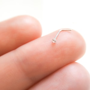 Tiny Diamond Nose Stud Silver - Teeny Tiny Silver CZ Diamond Nose Stud - L Shape Nose Stud 22g